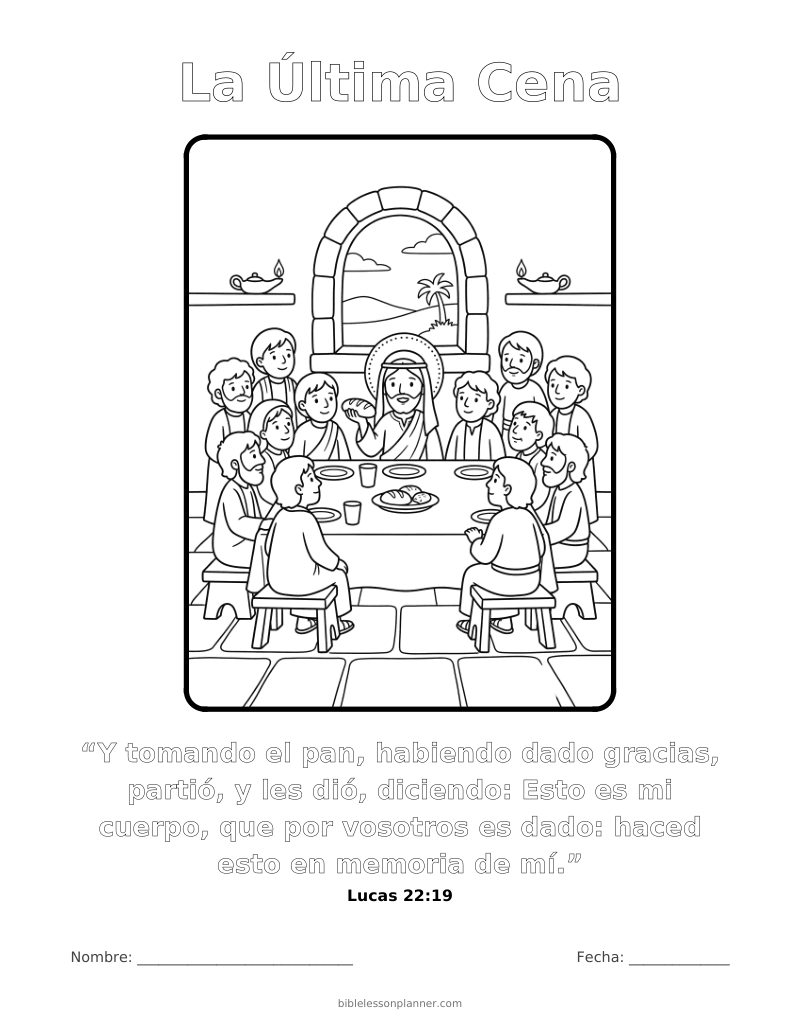Dibujo para colorear de la Última Cena, para imprimir, con el versículo Lucas 22:19