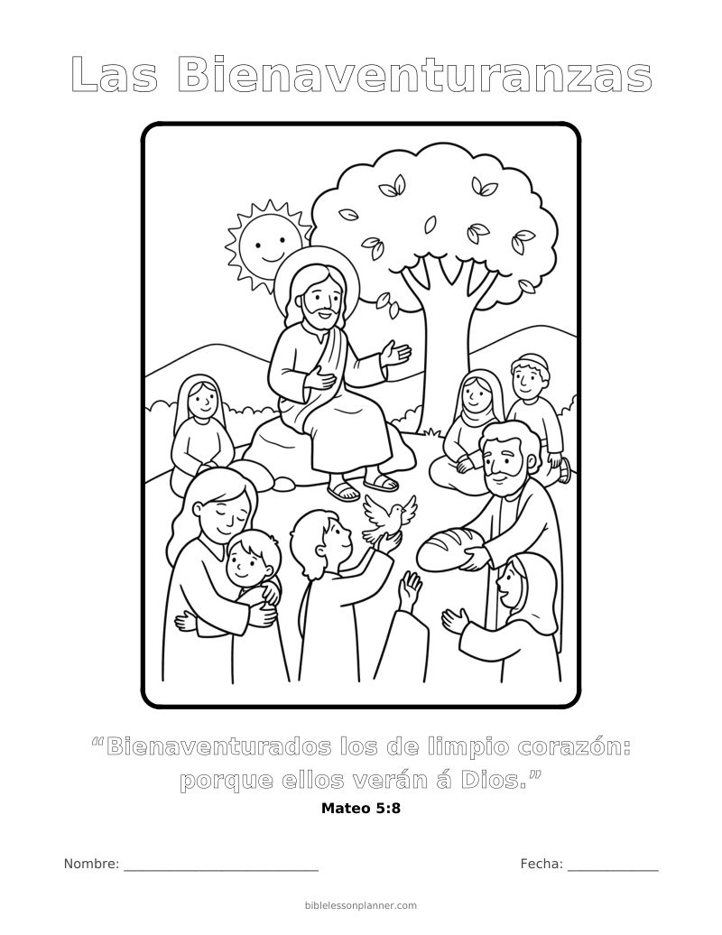 Dibujo para colorear de las Bienaventuranzas, para imprimir, con el versículo Mateo 5:8