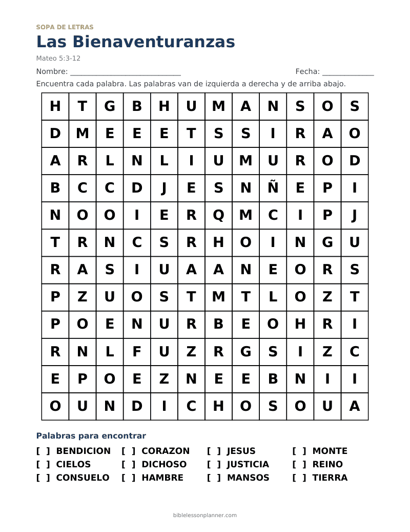 Sopa de letras bíblica de las Bienaventuranzas, para imprimir, con las palabras BENDICION, CIELOS, CONSUELO y más