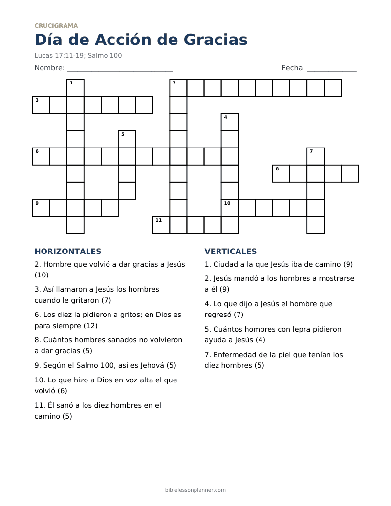 Crucigrama bíblico del Día de Acción de Gracias, para imprimir, con pistas horizontales y verticales
