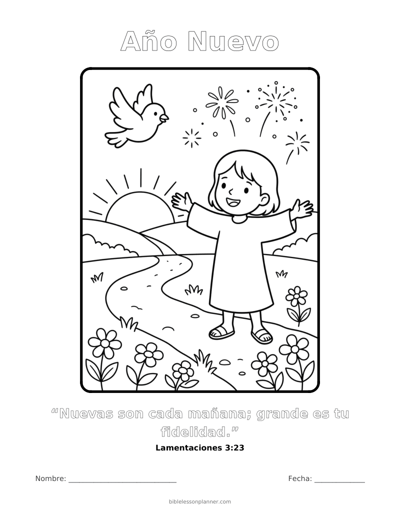 Dibujo para colorear de Año Nuevo, para imprimir, con el versículo Lamentaciones 3:23