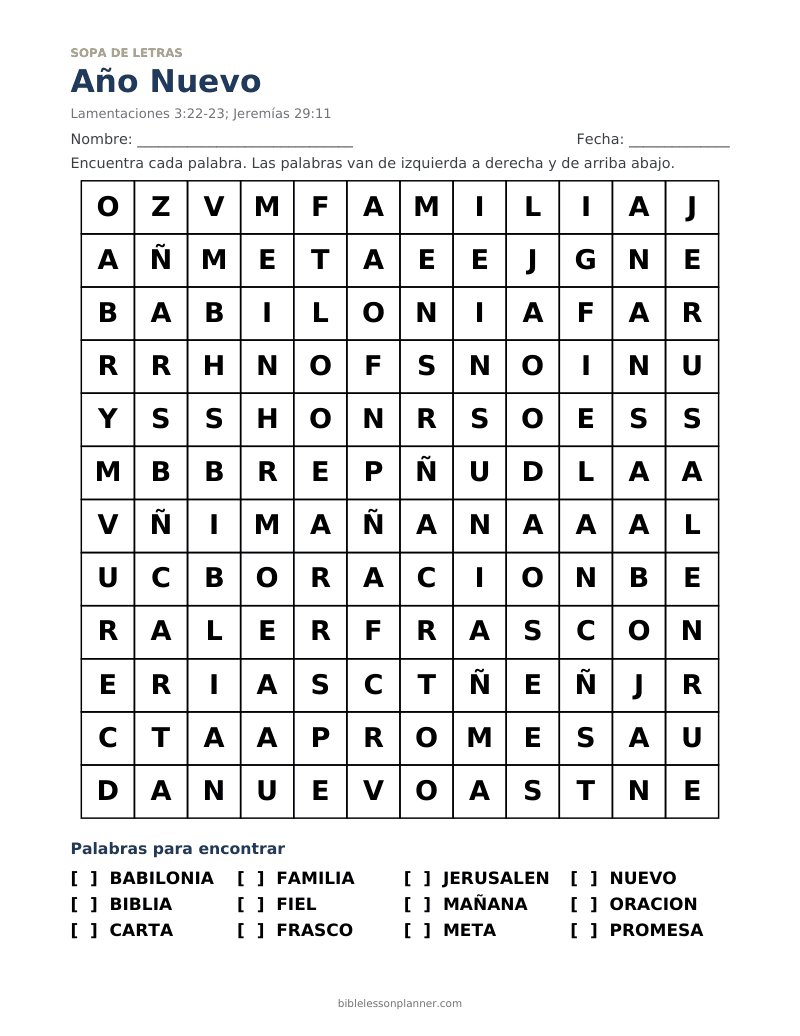 Sopa de letras bíblica de Año Nuevo, para imprimir, con las palabras BABILONIA, BIBLIA, CARTA y más