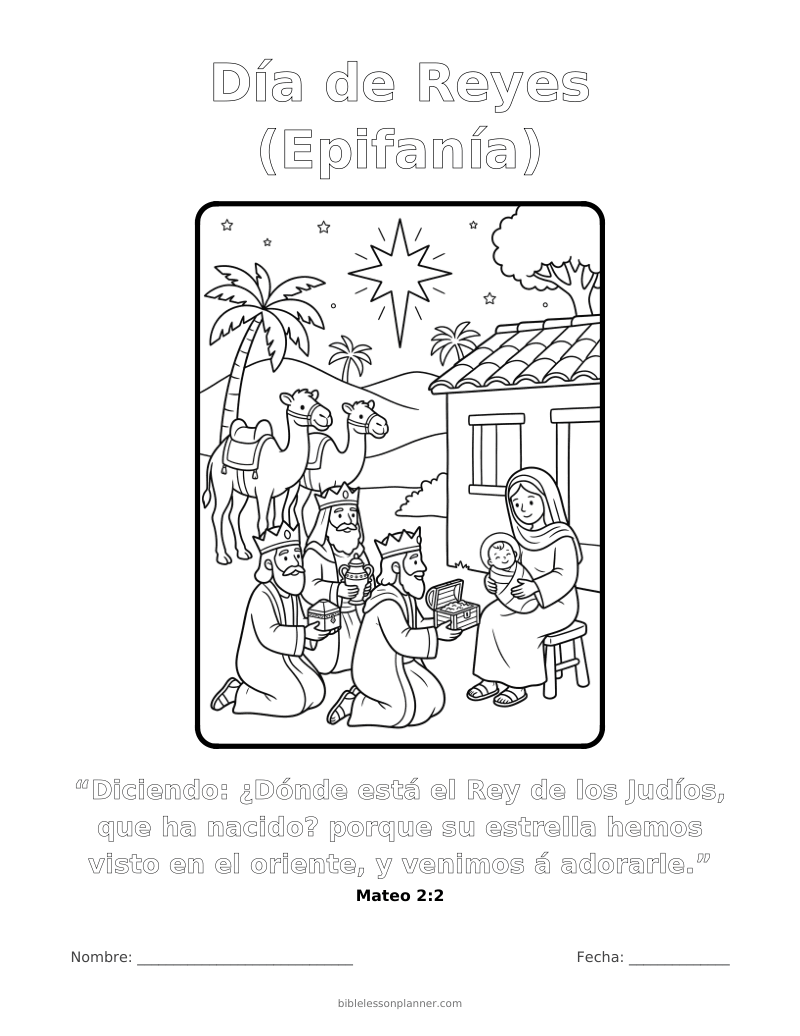 Dibujo para colorear del Día de Reyes (Epifanía), para imprimir, con el versículo Mateo 2:2