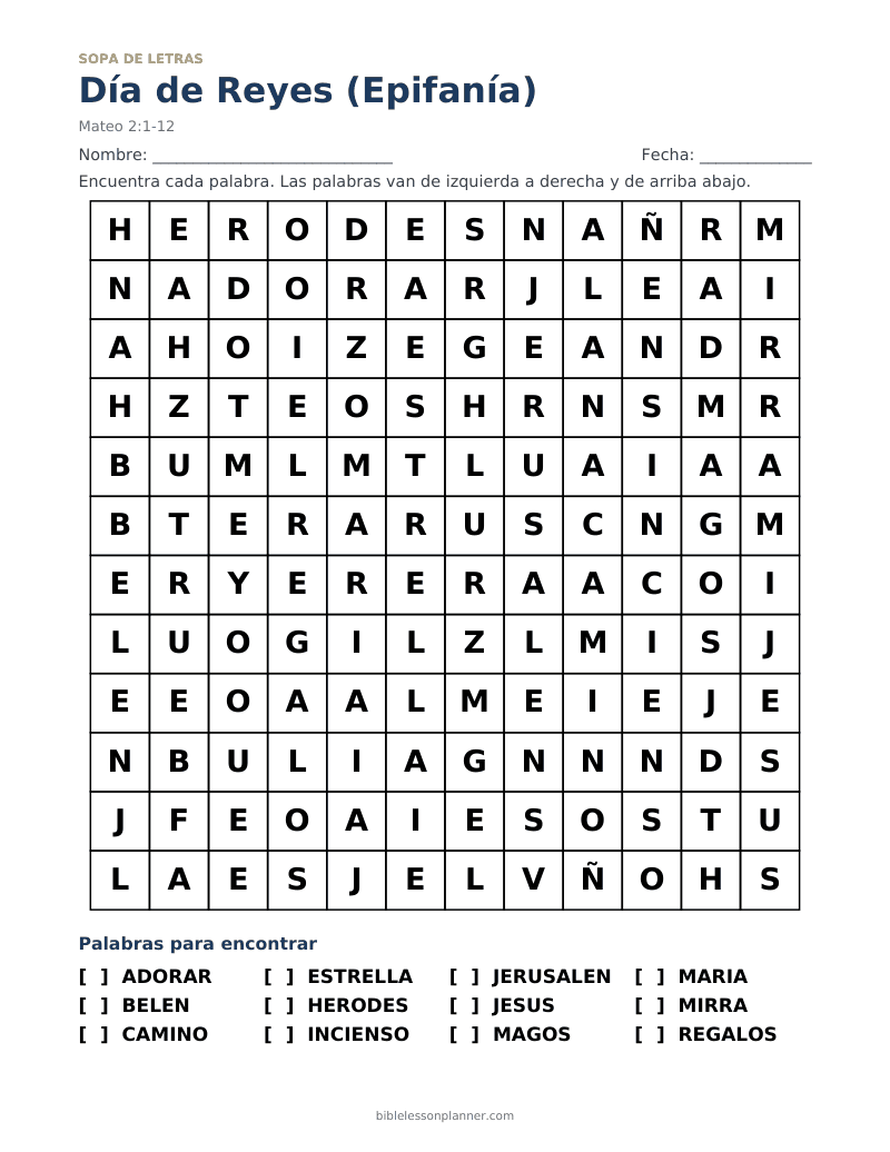 Sopa de letras bíblica del Día de Reyes (Epifanía), para imprimir, con las palabras ADORAR, BELEN, CAMINO y más