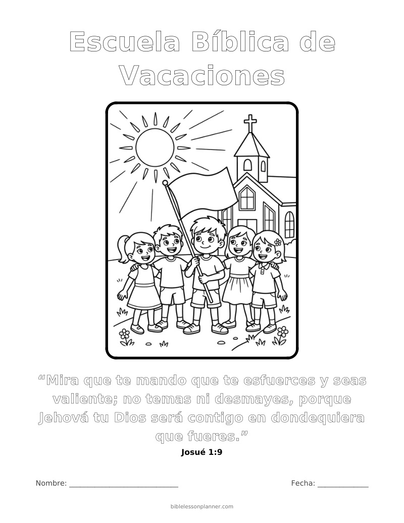 Dibujo para colorear de Escuela Bíblica de Vacaciones, para imprimir, con el versículo Josué 1:9
