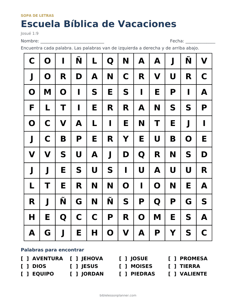 Sopa de letras bíblica de Escuela Bíblica de Vacaciones, para imprimir, con las palabras AVENTURA, DIOS, EQUIPO y más