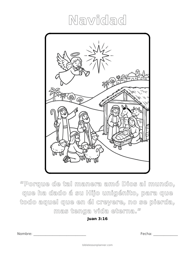 Dibujo para colorear de Navidad, para imprimir, con el versículo Juan 3:16