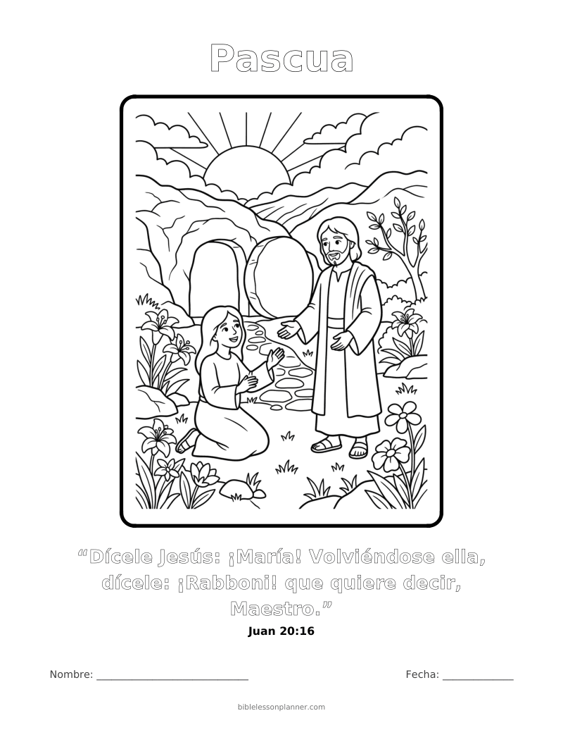 Dibujo para colorear de Pascua, para imprimir, con el versículo Juan 20:16