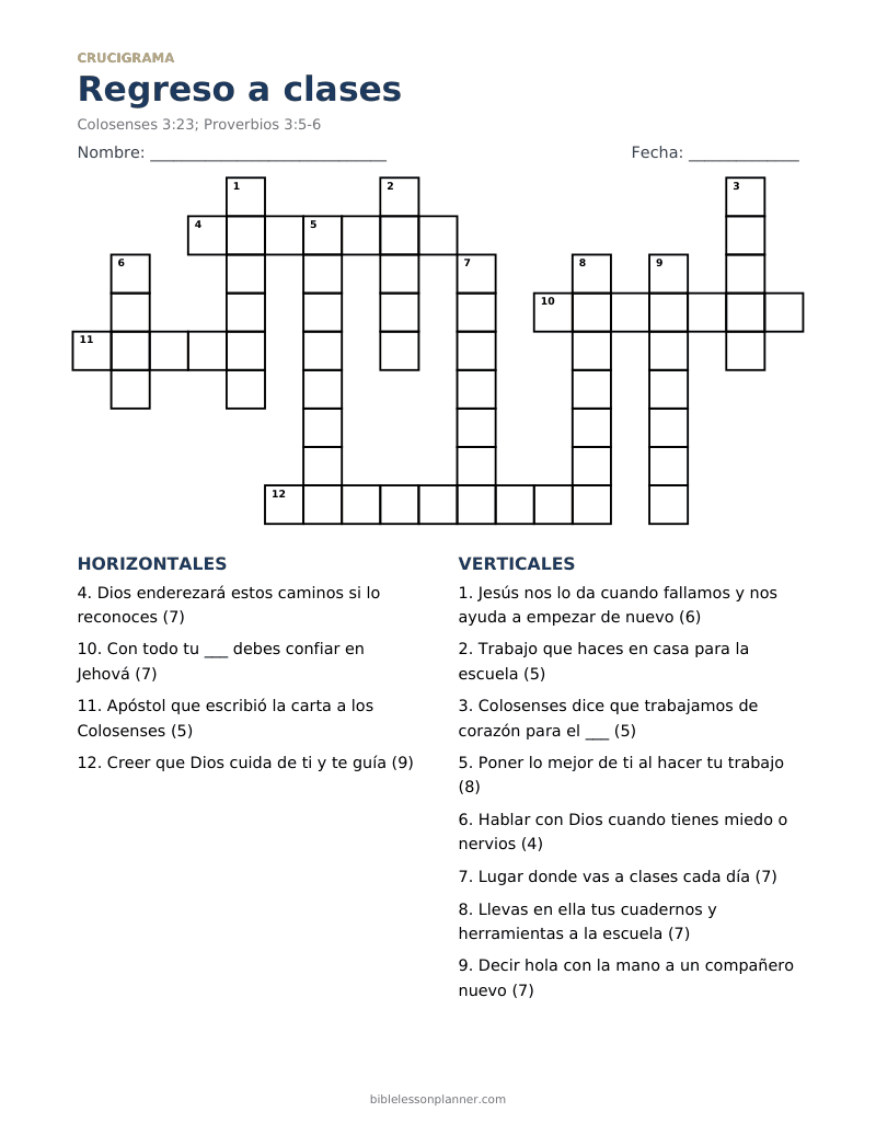 Crucigrama bíblico del regreso a clases, para imprimir, con pistas horizontales y verticales