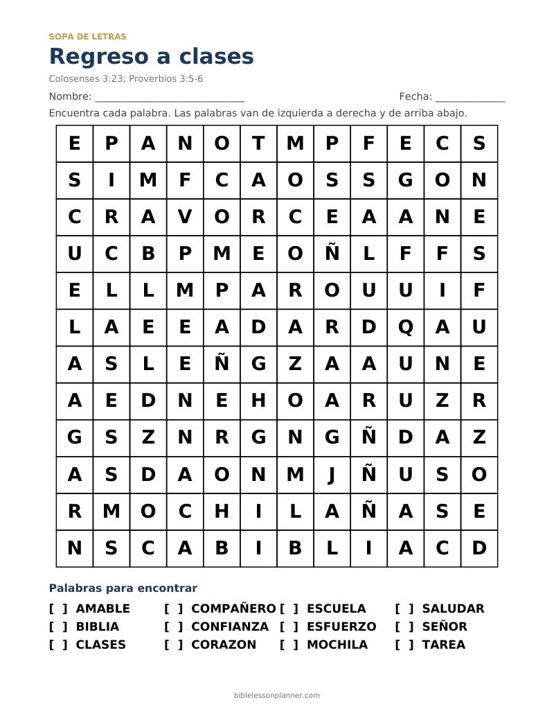 Sopa de letras bíblica del regreso a clases, para imprimir, con las palabras AMABLE, BIBLIA, CLASES y más