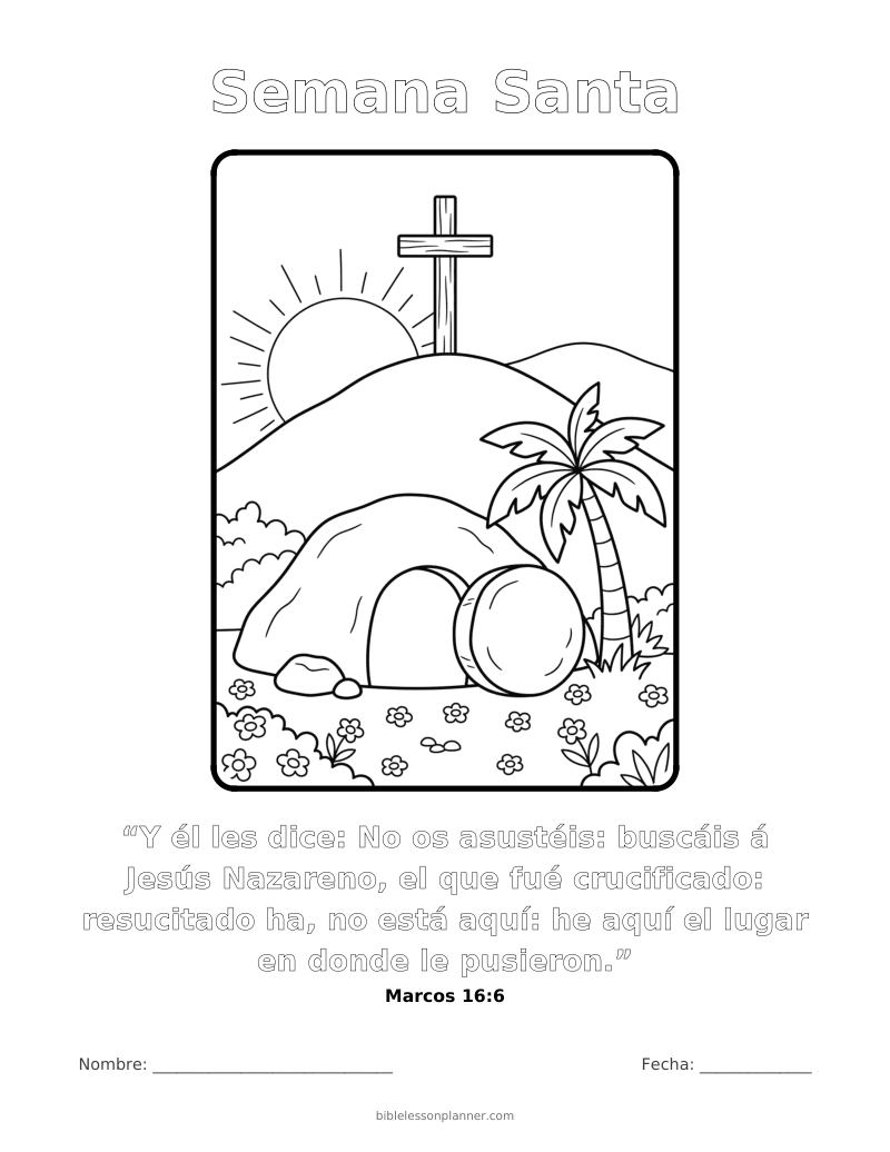 Dibujo para colorear de Semana Santa, para imprimir, con el versículo Marcos 16:6