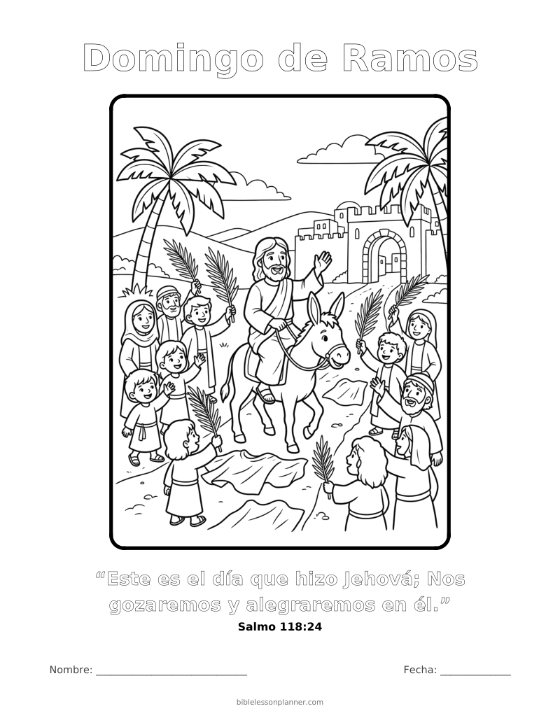 Dibujo para colorear de Domingo de Ramos, para imprimir, con el versículo Salmo 118:24