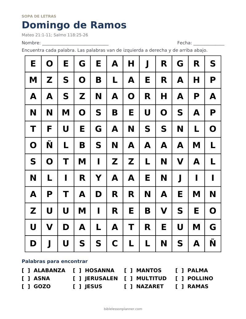 Sopa de letras bíblica de Domingo de Ramos, para imprimir, con las palabras ALABANZA, ASNA, GOZO y más