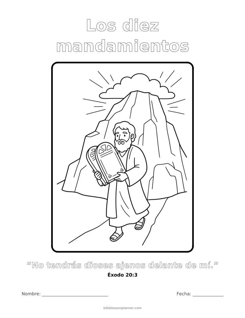 Dibujo para colorear de los diez mandamientos, para imprimir, con el versículo Éxodo 20:3