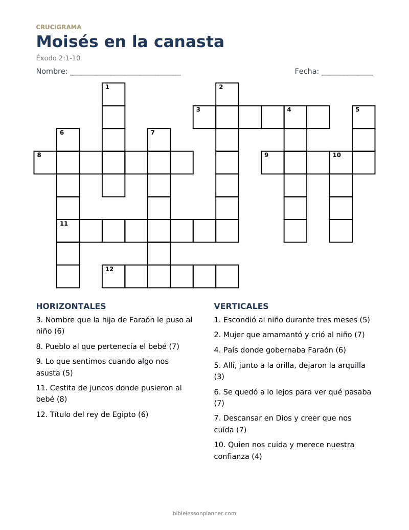 Crucigrama bíblico de Moisés en la canasta, para imprimir, con pistas horizontales y verticales