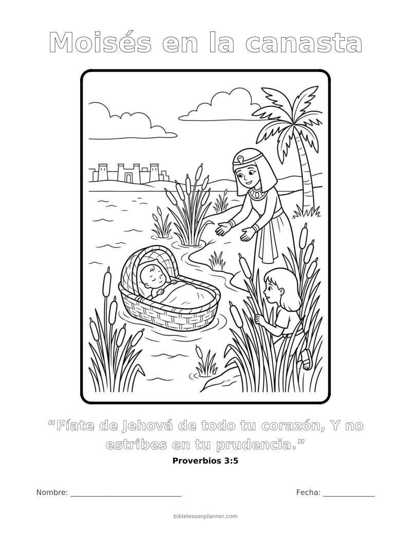 Dibujo para colorear de Moisés en la canasta, para imprimir, con el versículo Proverbios 3:5
