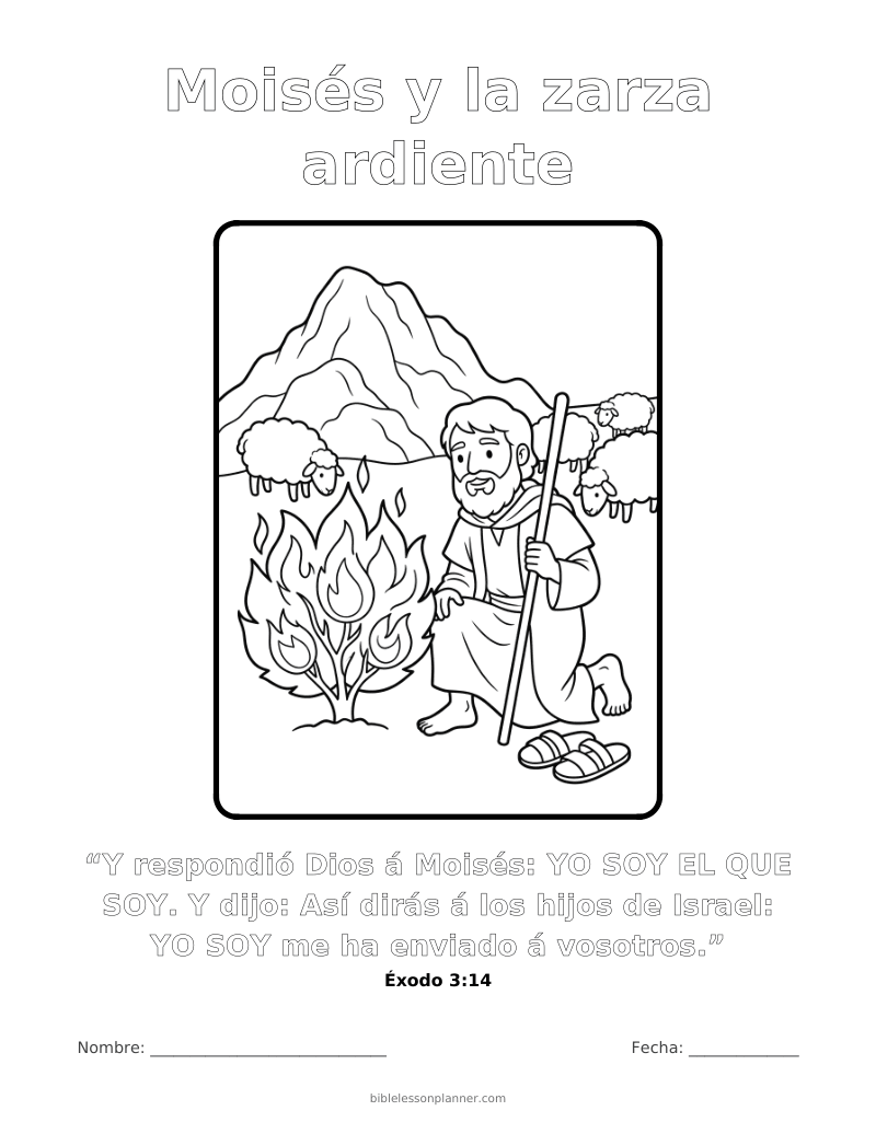 Dibujo para colorear de Moisés y la zarza ardiente, para imprimir, con el versículo Éxodo 3:14