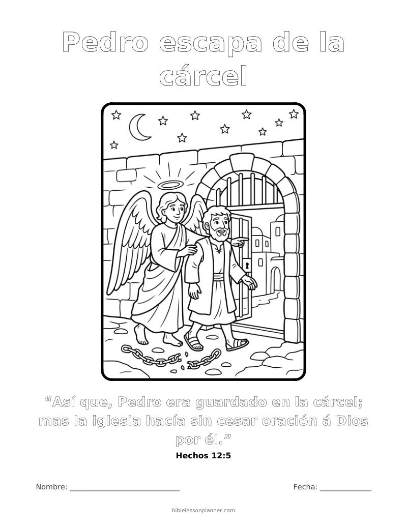 Dibujo para colorear: Pedro escapa de la cárcel, para imprimir, con el versículo Hechos 12:5
