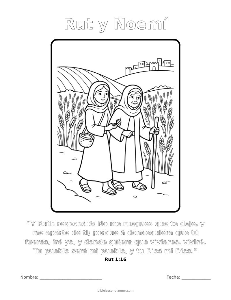 Dibujo para colorear de Rut y Noemí, para imprimir, con el versículo Rut 1:16
