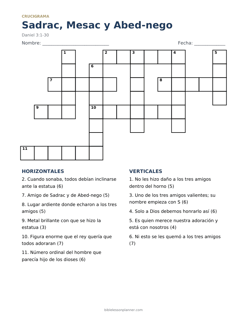 Crucigrama bíblico de Sadrac, Mesac y Abed-nego, para imprimir, con pistas horizontales y verticales