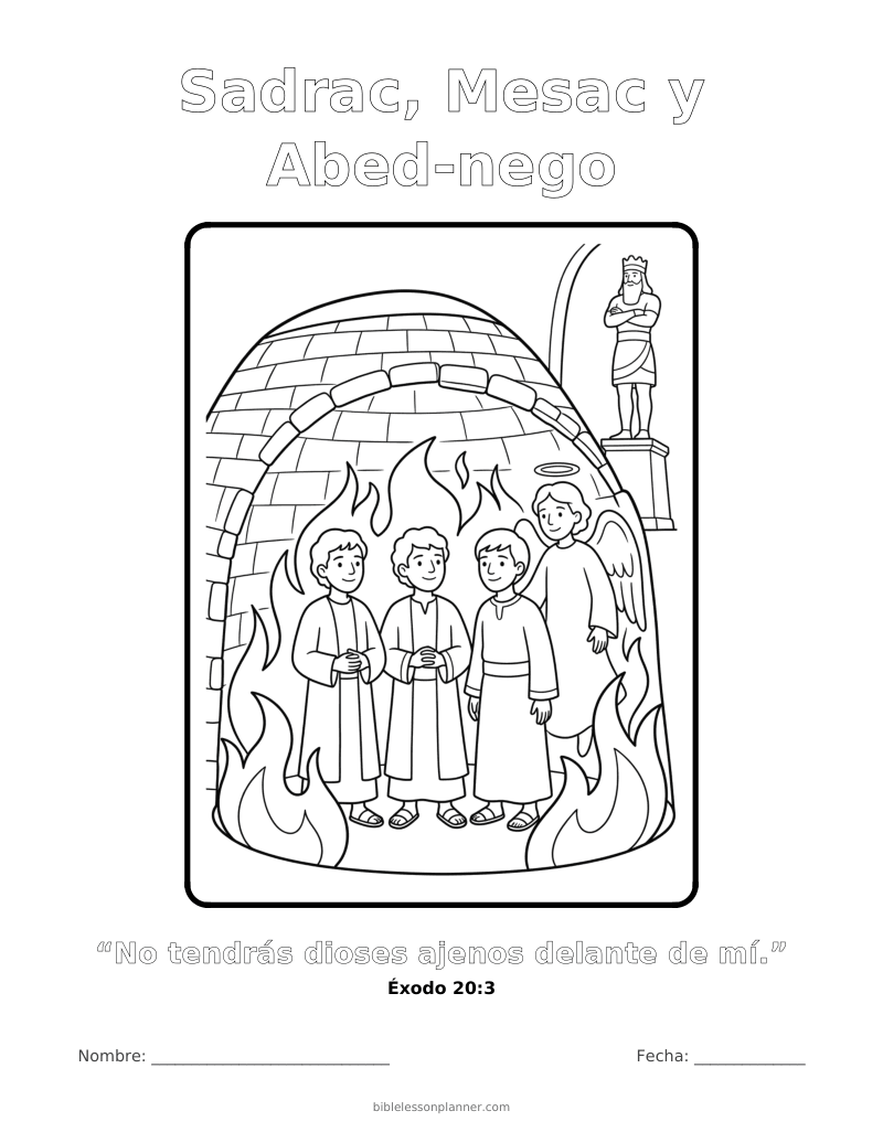 Dibujo para colorear de Sadrac, Mesac y Abed-nego, para imprimir, con el versículo Éxodo 20:3
