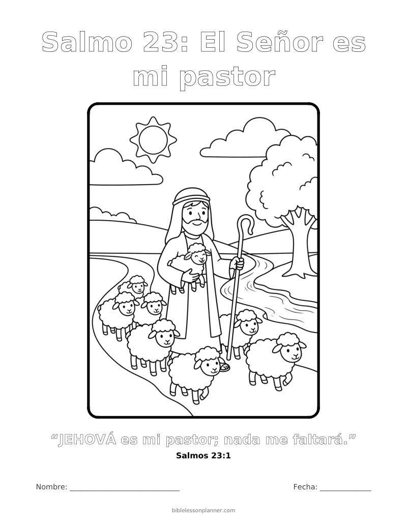 Dibujo para colorear: Salmo 23 - El Señor es mi pastor, para imprimir, con el versículo Salmos 23:1