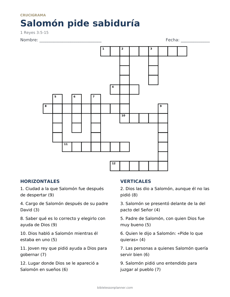 Crucigrama bíblico: Salomón pide sabiduría, para imprimir, con pistas horizontales y verticales