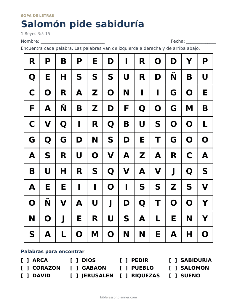Sopa de letras bíblica: Salomón pide sabiduría, para imprimir, con las palabras ARCA, CORAZON, DAVID y más