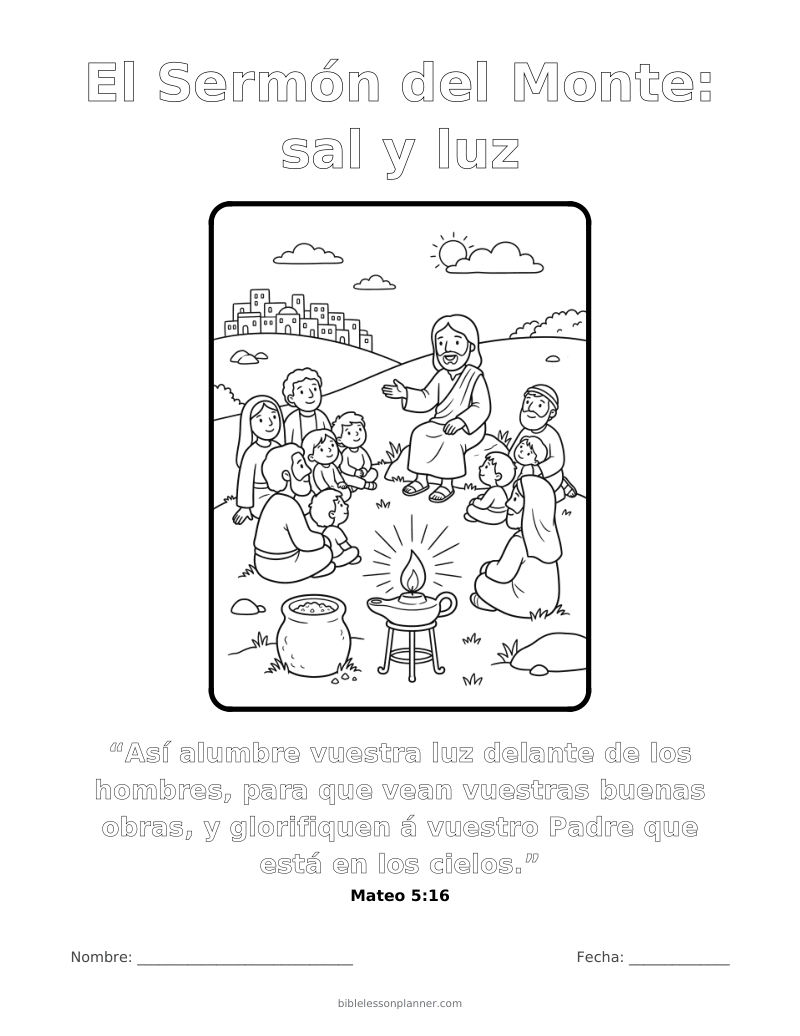 Dibujo para colorear: El Sermón del Monte - sal y luz, para imprimir, con el versículo Mateo 5:16