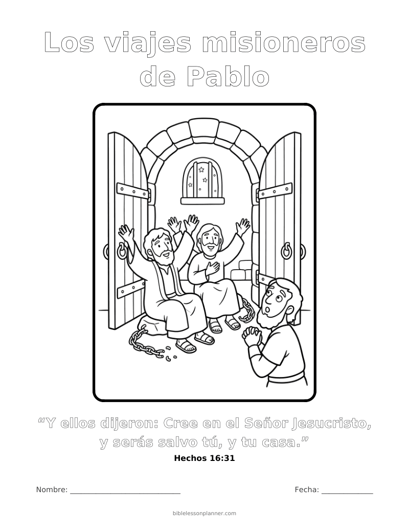 Dibujo para colorear de los viajes misioneros de Pablo, para imprimir, con el versículo Hechos 16:31