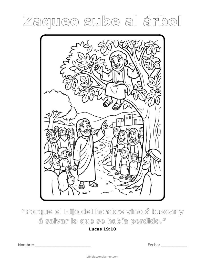 Dibujo para colorear: Zaqueo sube al árbol, para imprimir, con el versículo Lucas 19:10