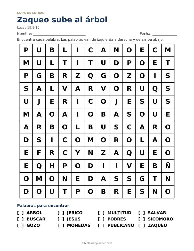 Sopa de letras bíblica: Zaqueo sube al árbol, para imprimir, con las palabras ARBOL, BUSCAR, GOZO y más